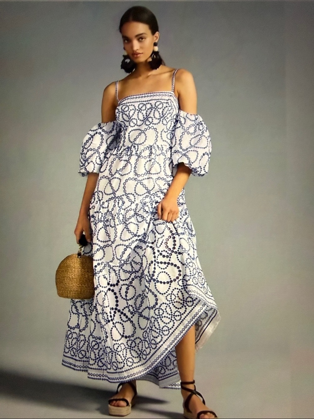Anthropologie White Maxi Dress with Blue embroidered eyelet design. - Picture 4 of 4